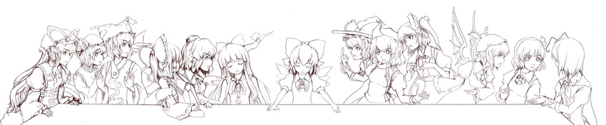 animal_ears annotated antennae bow braid brown cape cat_ears cat_tail chen chinese_clothes cirno daiyousei detached_sleeves dress fine_art_parody fox_tail greyscale hair_bow hair_ornament hair_ribbon hakurei_reimu hand_on_shoulder hat highres horns ibuki_suika japanese_clothes kirisame_marisa letty_whiterock long_hair long_image long_sleeves monochrome multiple_girls multiple_tails mystia_lorelei nekomata open_mouth parody pillow_hat pointing puffy_short_sleeves puffy_sleeves ribbon rumia shameimaru_aya shishigami_(sunagimo) short_hair short_sleeves surprised table tail tassel the_last_supper tokin_hat touhou white_background wide_image wide_sleeves wings witch_hat wriggle_nightbug yakumo_ran yakumo_yukari