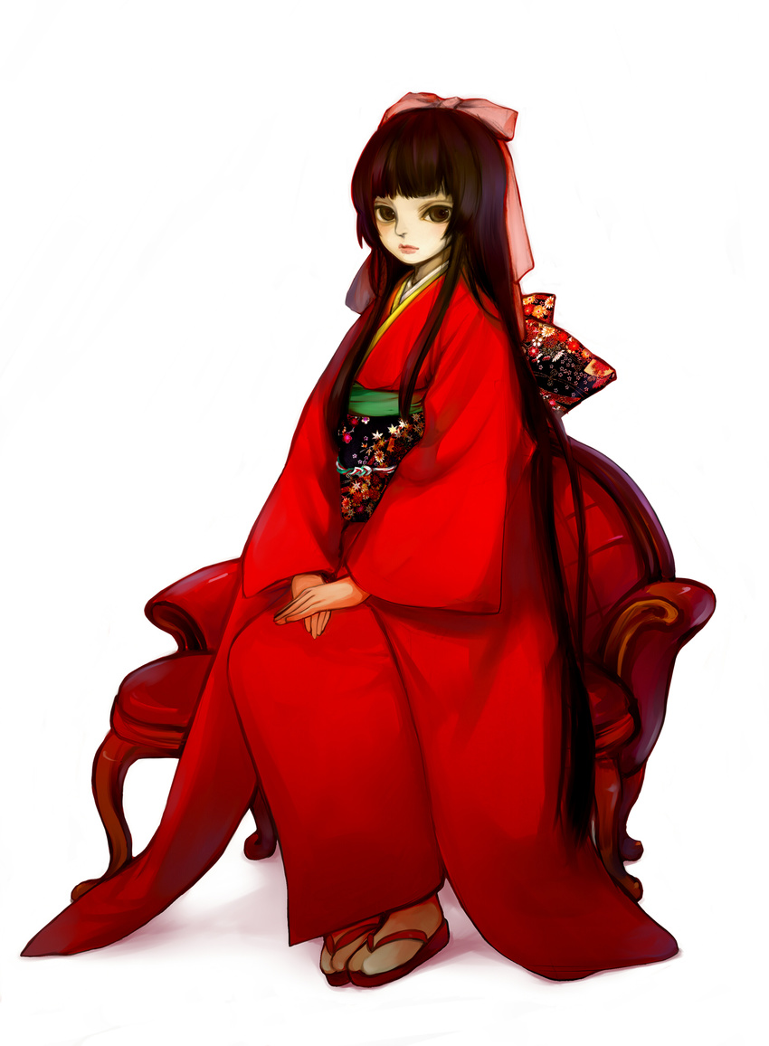 bad_id bad_pixiv_id bangs brown_eyes brown_hair chair chm closed_mouth floral_print full_body hair_ribbon hands_on_own_thighs highres japanese_clothes kimono long_hair long_sleeves looking_at_viewer obi original own_hands_together red_kimono red_lips red_ribbon ribbon sash simple_background sitting solo straight_hair tabi very_long_hair white_background white_legwear wide_sleeves zouri