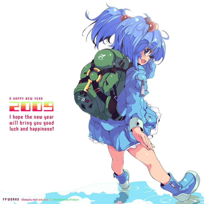 2009 backpack bad_id bad_pixiv_id bag blue_eyes blue_hair blush blush_stickers boots fukai_ryousuke hair_bobbles hair_ornament hand_on_own_head highres kawashiro_nitori looking_back new_year no_hat no_headwear solo touhou twintails two_side_up