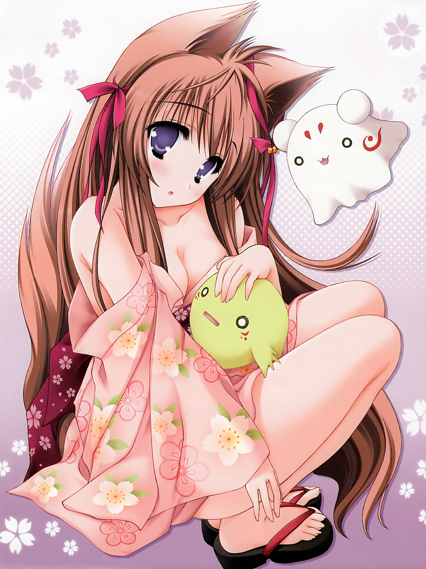 :3 :d :o animal_ears bangs bare_shoulders bell blush breasts brown_hair cleavage collarbone creature feet floral_background floral_print fox_ears fox_tail from_side full_body hair_bell hair_ornament hair_ribbon halftone halftone_background hand_on_another's_head head_tilt highres japanese_clothes jingle_bell kimono long_hair long_sleeves long_toenails looking_at_viewer looking_back medium_breasts mito_mashiro moekibara_fumitake no_bra o_o off_shoulder official_art on_lap open_mouth purple_background purple_eyes ribbon sandals sash scan short_kimono sidelocks sleeves_past_wrists smile squatting tail tayutai tayutama toenails very_long_hair wide_sleeves