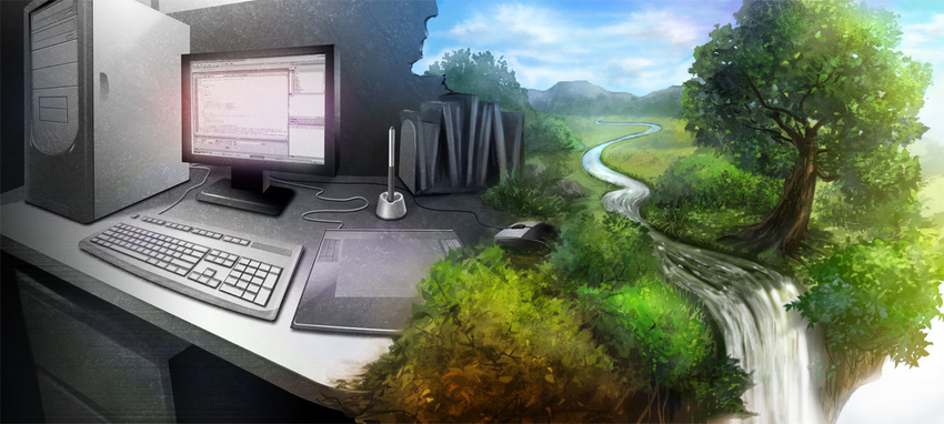 day desk drawing_tablet keyboard_(computer) monitor mountain mouse_(computer) nature no_humans nori_(infinite_r-evolution) original river scenery sky surreal tree