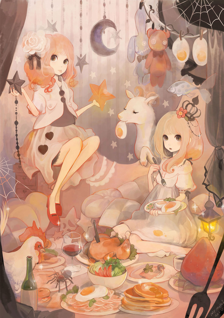 arachnid bad_id bad_pixiv_id bird blonde_hair bug chicken chicken_(food) copyright_request crown cup dress drinking_glass flower food fried_egg fruit ham high_heels highres multiple_girls pancake shoes short_hair spider star strawberry stuffed_animal stuffed_bunny stuffed_toy teddy_bear wine_glass xxxxakixxxx