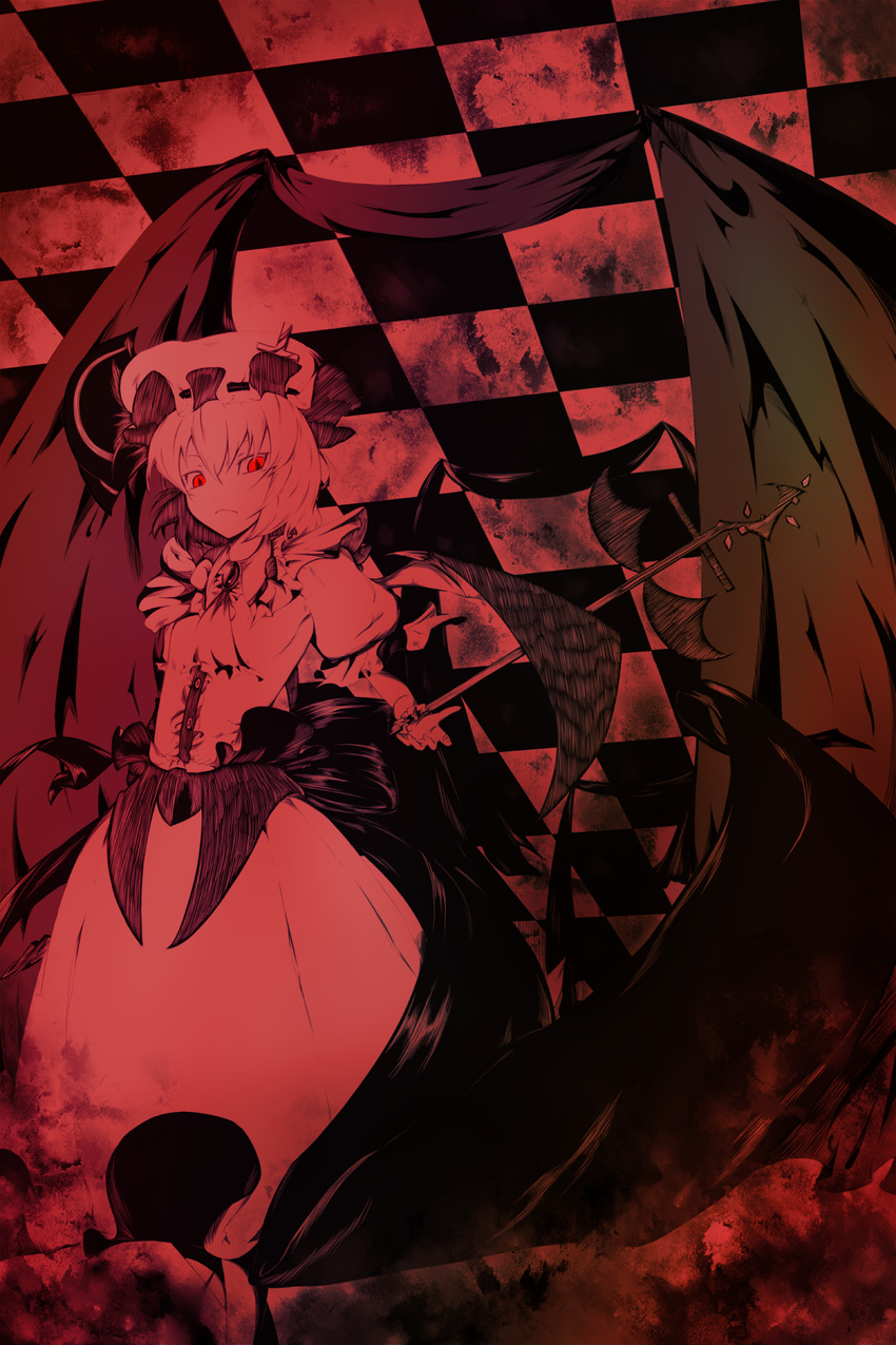 bad_id bad_pixiv_id checkered dress hat highres koohee monochrome polearm red red_eyes remilia_scarlet solo touhou weapon