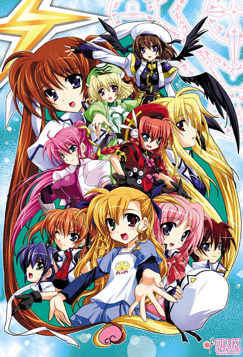 6+girls :o bad_id bad_pixiv_id beret black_wings blonde_hair blue_dress blue_eyes blush braid brown_hair caro_ru_lushe dress erio_mondial fate_testarossa hat highres kanna_(plum) klarwind long_sleeves looking_at_viewer lyrical_nanoha magic_circle magical_boy magical_girl mahou_shoujo_lyrical_nanoha_strikers multiple_girls one_eye_closed open_mouth pink_hair ponytail red_eyes shamal short_hair sidelocks signum spread_fingers subaru_nakajima takamachi_nanoha tareme teana_lanster twin_braids twintails uniform vita vivio wings yagami_hayate