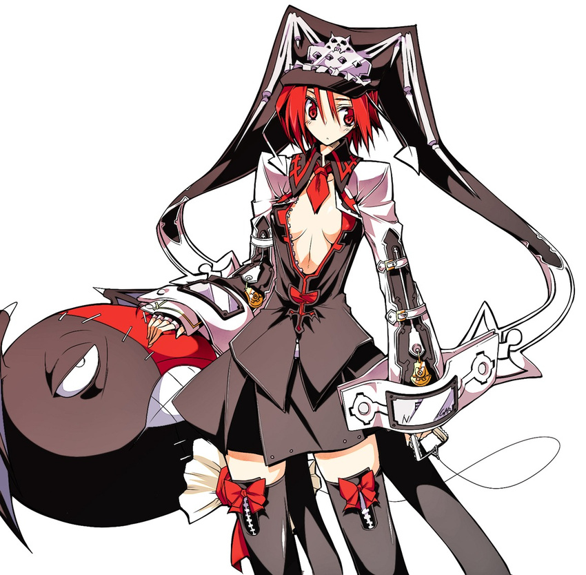 1girl black_legwear bow breasts cleavage doll guilty_gear hat jester_cap medium_breasts no_bra open_clothes open_shirt red_eyes red_hair shirt short_hair solo thighhighs unzipped valentine_(guilty_gear) zettai_ryouiki