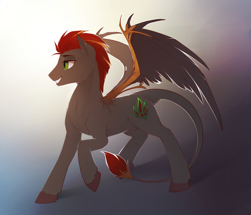 blue_fur devil_smile equine feral friendship_is_magic fur green_eyes griffin_tail hair hi_res mammal mechanical_wings my_little_pony original_character pegasus red_hair red_hooves red_moon red_wings solo teeth thanator_dreamstiller wings