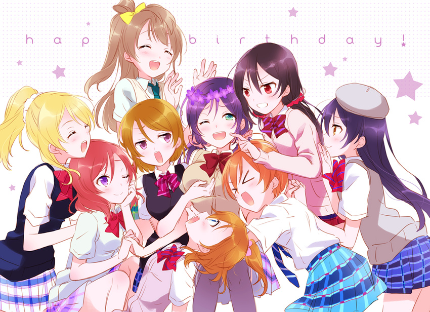 &gt;_&lt; :d ;) ;d ^_^ ayase_eli beret blonde_hair cardigan cheek_poking closed_eyes hand_on_own_cheek happy_birthday harmonia hat head_wreath holding_hands hoshizora_rin hug koizumi_hanayo kousaka_honoka love_live! love_live!_school_idol_project minami_kotori multiple_girls nishikino_maki one_eye_closed open_mouth otonokizaka_school_uniform plaid plaid_skirt poking school_uniform skirt smile sonoda_umi sweater_vest toujou_nozomi yazawa_nico