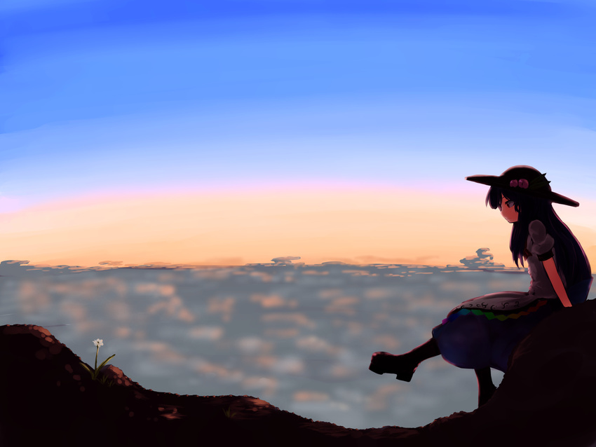above_clouds blue_sky boots daisy dress expressionless flower food fruit hat highres hinanawi_tenshi kys_(k-k2) layered_dress leg_up long_hair outdoors peach platform_footwear profile red_eyes short_sleeves sitting sky solo touhou twilight