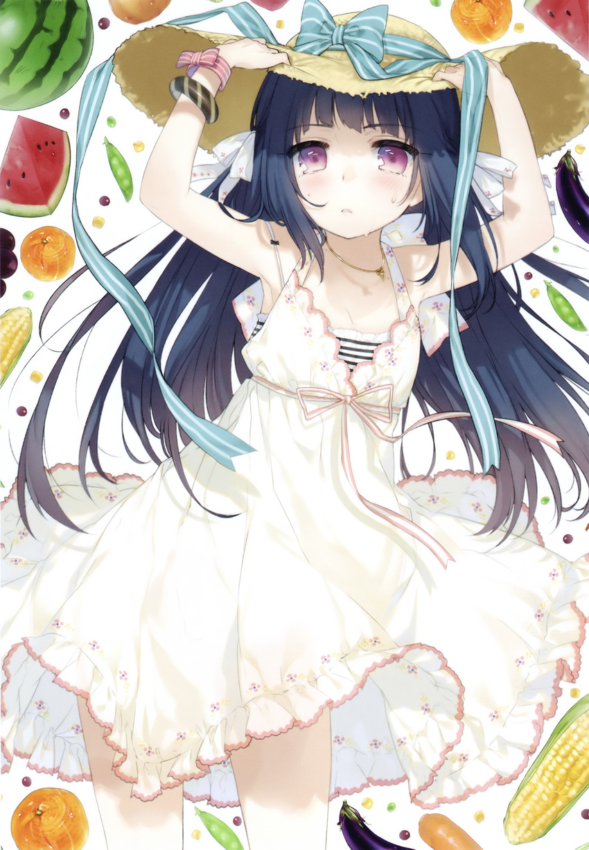 absurdres bad_id bad_yandere_id bangle blue_hair blush bow bracelet corn dress eggplant floral_print food food_themed_background fruit grapes halterneck hands_on_headwear hat highres jewelry kinoshita_ringo_(no-rin) kippu long_hair melon necklace no-rin official_art onion parted_lips pea_pod potato purple_eyes ribbon simple_background solo standing straw_hat striped striped_ribbon sun_hat sundress sweat watermelon white_background white_dress