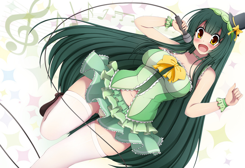 blush breasts green_hair green_hairband hairband hat highres large_breasts long_hair microphone navel open_mouth panties smile solo touhoku_zunko underwear very_long_hair vocaloid voiceroid wrist_cuffs yellow_eyes yuzumiya_mono