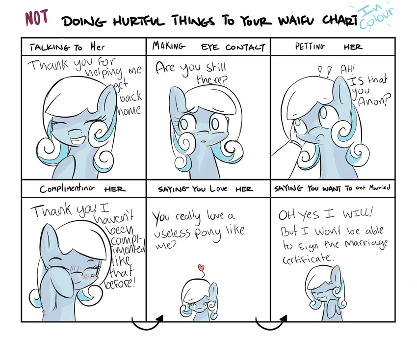 &lt;3 blind blush cute dialog disembodied_hand duo english_text equine eyes_closed female feral friendship_is_magic hair horse kittykai mammal my_little_pony original_character pegasus pony smile snowdrop_(mlp) teeth text wings