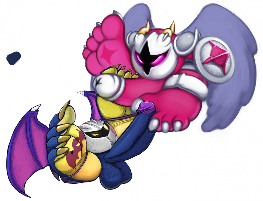 alien anthro balls big_feet big_penis claws duo erection flying foot_fetish footjob galacta_knight hi_res hyper knight mask meta_knight one_eye_closed pdxyz penis plain_background sharp_claws shield sitting white_background wings yowesephth