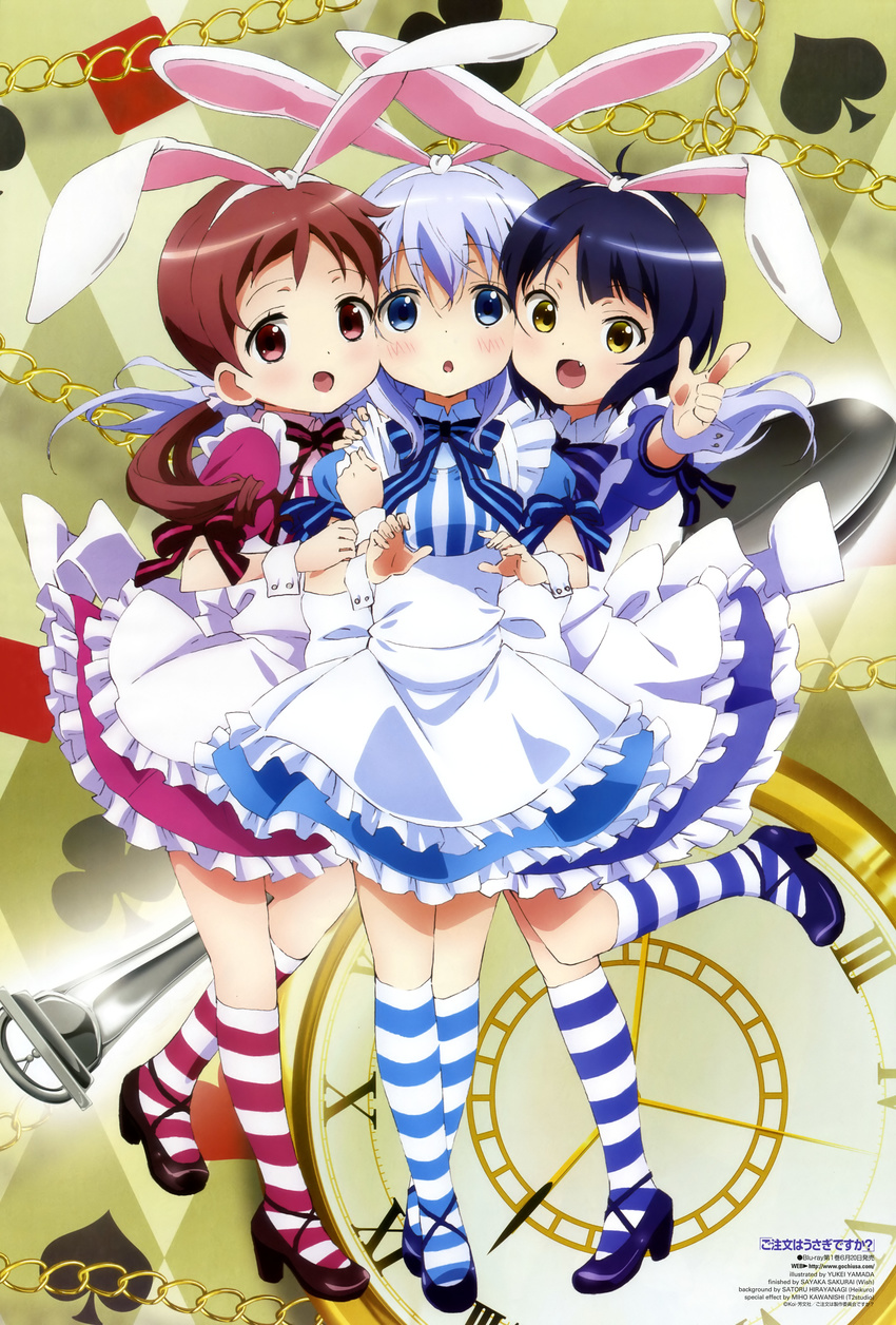 :o absurdres analog_clock animal_ears apron arm_hug artist_name blue_eyes blue_hair blush bow brown_eyes brown_hair bunny_ears cheek-to-cheek chimame-tai clock club_(shape) copyright_name fake_animal_ears fang frilled_apron frills full_body girl_sandwich gochuumon_wa_usagi_desu_ka? hand_on_shoulder high_heels highres hirayanagi_satoru jouga_maya kafuu_chino kawanishi_miho kneehighs long_hair looking_at_viewer low_twintails matching_outfit multiple_girls natsu_megumi newtype non-web_source number official_art open_mouth outstretched_arms pointing red_eyes ribbon roman_numerals sakurai_sayaka_(colorist) sandwiched scan shoes short_hair short_sleeves spade_(shape) striped striped_legwear striped_ribbon twintails vertical_stripes watermark web_address wrist_cuffs yamada_yukei yellow_eyes