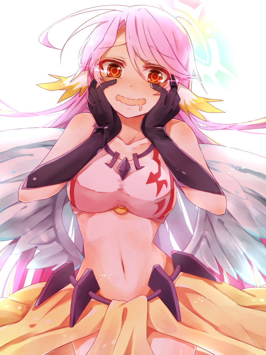 angel_wings bad_id bad_pixiv_id blush breasts drooling feathered_wings gloves halo hands_on_own_cheeks hands_on_own_face highres jibril_(no_game_no_life) large_breasts long_hair looking_at_viewer low_wings magic_circle midriff navel no_game_no_life orange_eyes pink_hair smile solo tsukihi wavy_mouth wings yandere_trance