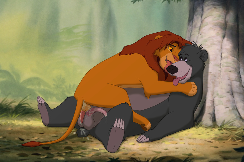 balls baloo bear black_nose cum cum_on_penis cun_on_penis disney duo feline gay hi_res jungle_book junglebook licking lion male mammal penis simba smile the_giant_hamster the_lion_king tongue tongue_out