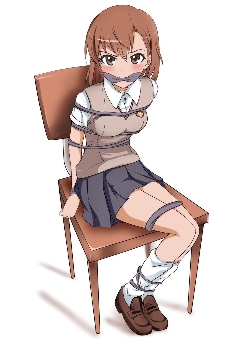 1girl artist_request bdsm bondage bound breasts brown_hair gagged highres misaka_mikoto rope simple_background small_breasts to_aru_kagaku_no_railgun to_aru_majutsu_no_index white_background