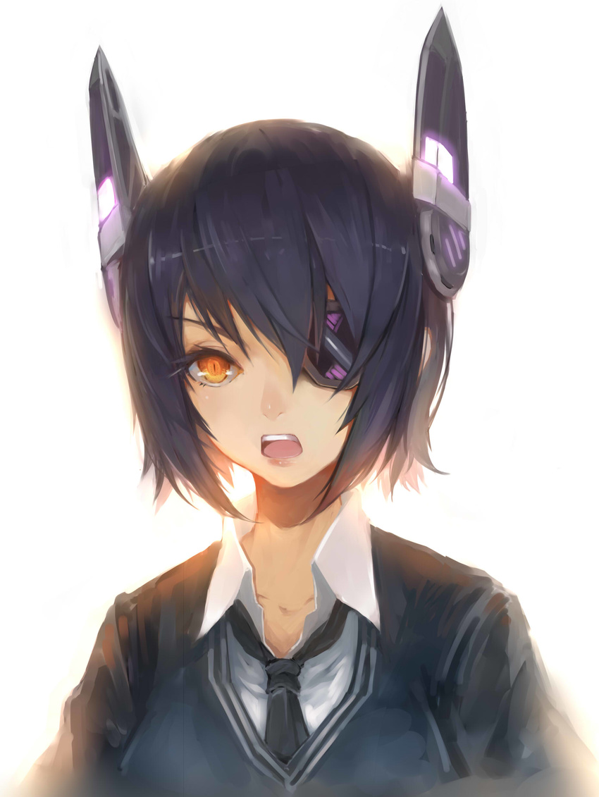 absurdres ascot bad_id bad_pixiv_id eyepatch face headgear highres kantai_collection open_mouth purple_hair short_hair slit_pupils sola7764 solo tenryuu_(kantai_collection) yellow_eyes