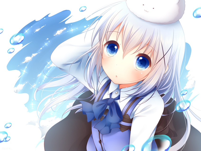 animal animal_on_head bad_id bad_pixiv_id blue_eyes blue_hair blush gochuumon_wa_usagi_desu_ka? hair_ornament hairclip kafuu_chino long_hair looking_at_viewer on_head rabbit_house_uniform sanotsuki tippy_(gochiusa) x_hair_ornament