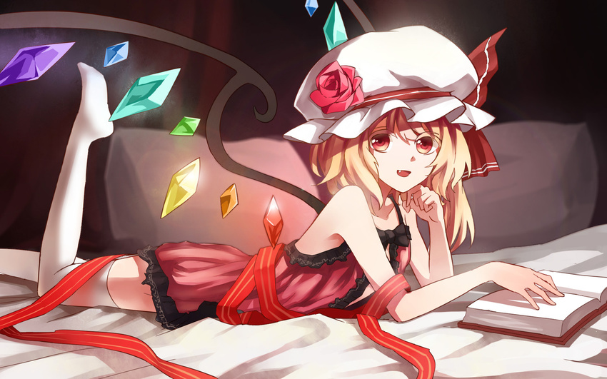 bare_arms bare_shoulders book bow collarbone fang flandre_scarlet flower hat hat_bow hat_flower highres leg_up looking_at_viewer lying mob_cap nightgown on_stomach open_mouth pillow rain_(icetuofei) red_eyes red_flower red_rose ribbon rose side_ponytail smile solo thighhighs touhou white_legwear wings zettai_ryouiki