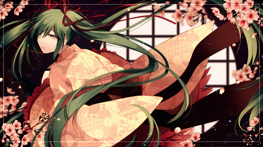 floating_hair flower green_eyes green_hair hair_ribbon hatsune_miku long_hair ribbon solo twintails very_long_hair vocaloid yori_(y_rsy)