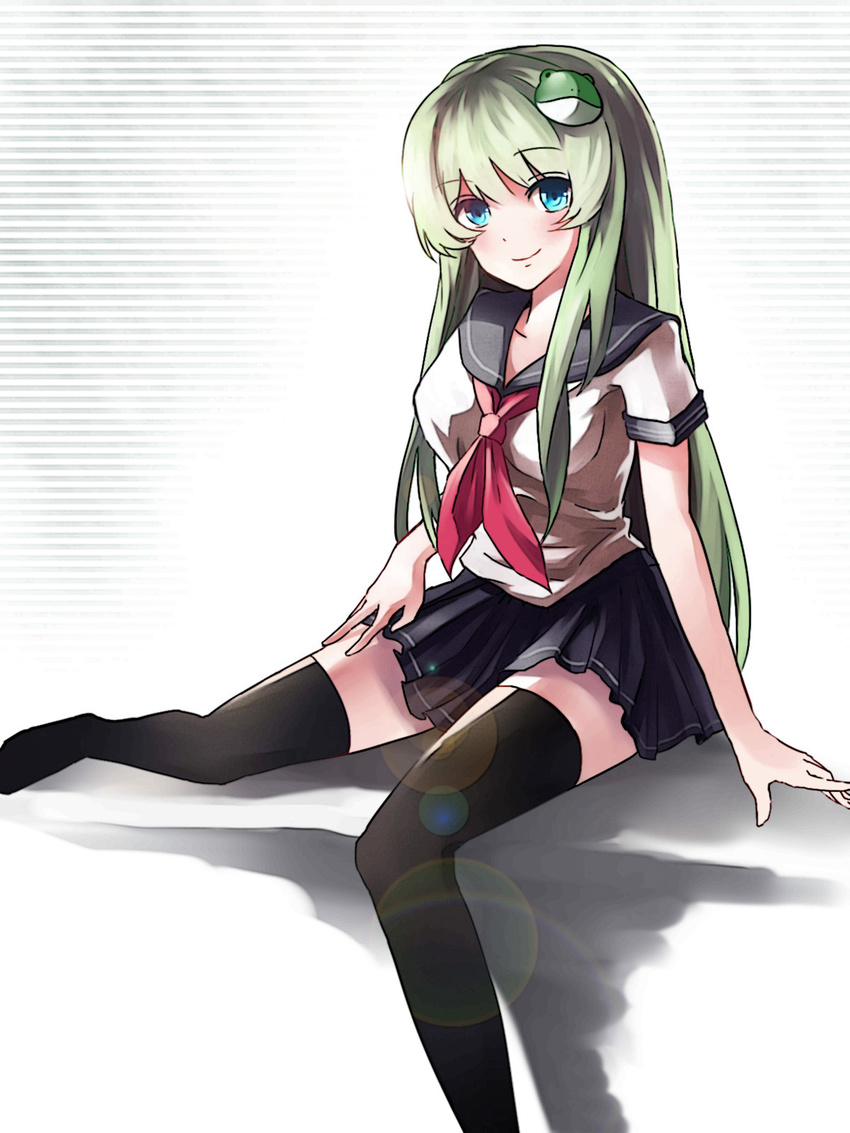 alternate_costume black_legwear blue_eyes breasts frog_hair_ornament green_hair hair_ornament hand_on_thigh highres kochiya_sanae large_breasts lens_flare long_hair looking_at_viewer neckerchief pleated_skirt rain_(icetuofei) school_uniform serafuku shirt short_sleeves sitting skirt smile solo thighhighs touhou very_long_hair zettai_ryouiki