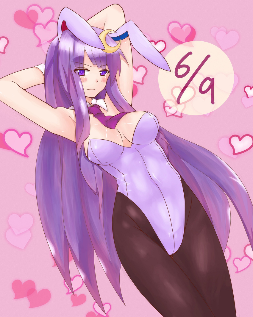 animal_ears arms_up bad_id bad_pixiv_id breasts bunny_ears bunnysuit cleavage crescent detached_collar highres large_breasts long_hair necktie pantyhose patchouli_knowledge purple_eyes purple_hair touhou very_long_hair wrist_cuffs yan@
