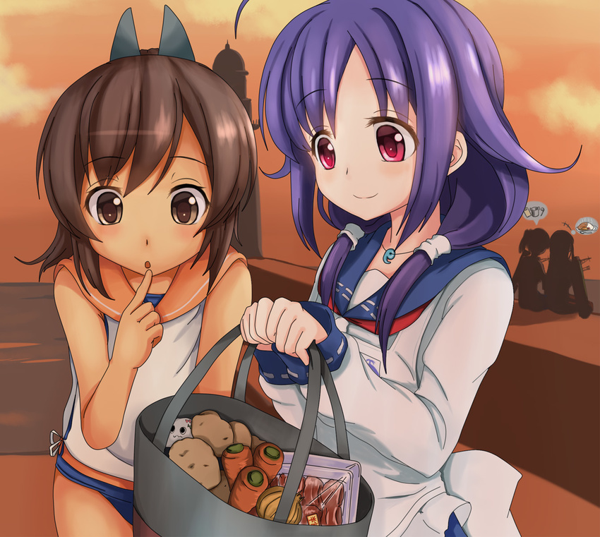 :o ahoge akagi_(kantai_collection) bacon bag bare_shoulders brown_eyes brown_hair carrot carrying finger_to_mouth food hair_tubes highres i-401_(kantai_collection) kaga_(kantai_collection) kantai_collection karuna_(madlax) long_hair low_twintails multiple_girls one-piece_swimsuit onion open_mouth ponytail potato purple_hair red_eyes school_swimsuit school_uniform short_hair short_ponytail side_ponytail smile swimsuit swimsuit_under_clothes taigei_(kantai_collection) tan twintails