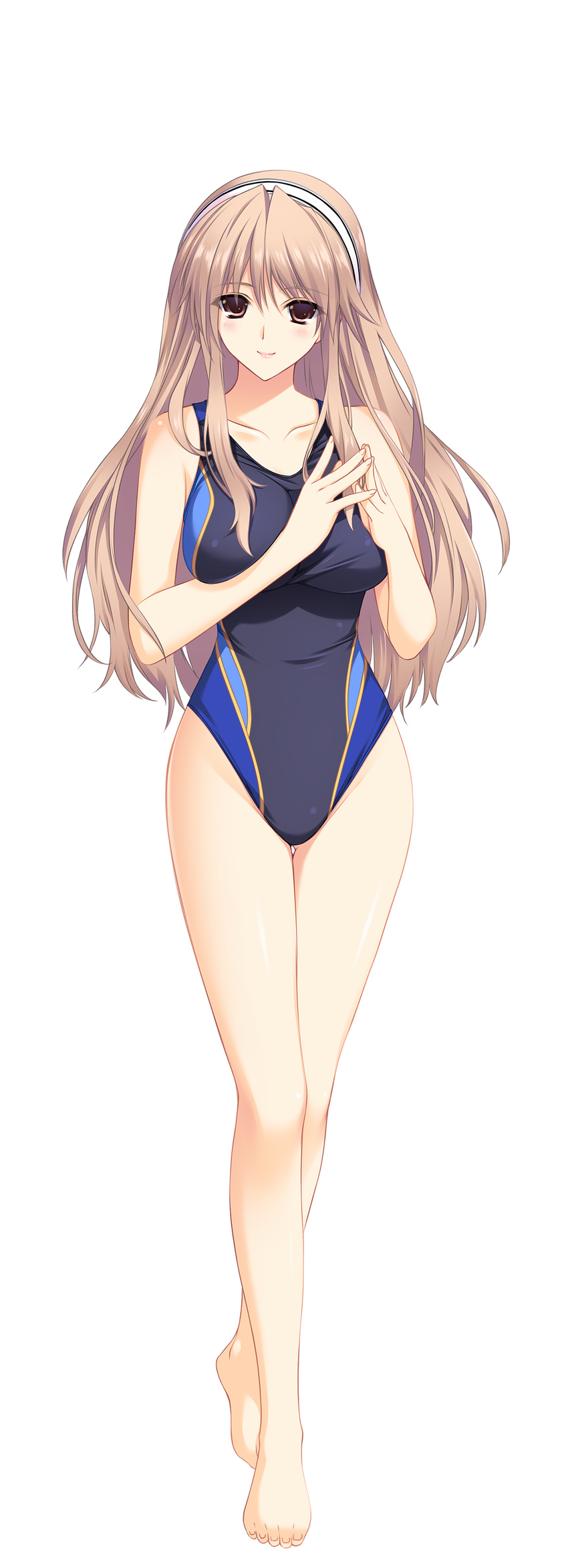 absurdres blonde_hair brown_eyes competition_swimsuit full_body highres iizuki_tasuku long_hair lovely_x_cation one-piece_swimsuit solo swimsuit transparent_background tsukioka_misasa
