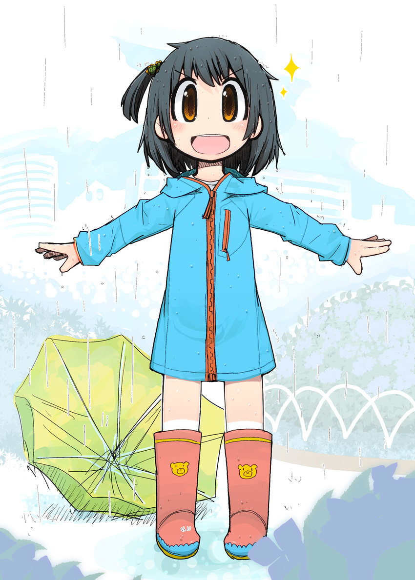 black_hair blush boots highres kamonari_ahiru original rain raincoat rubber_boots short_hair smile solo umbrella
