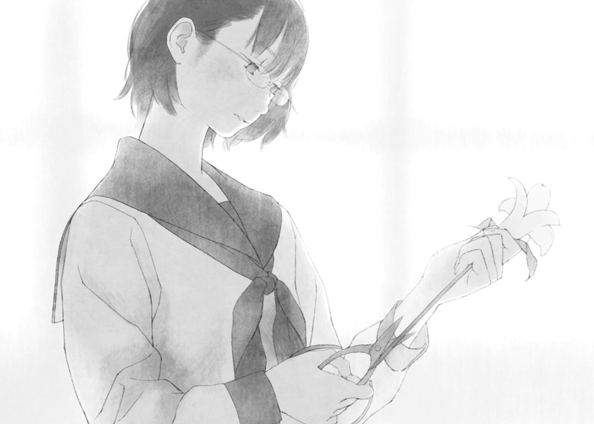 bad_id bad_pixiv_id commentary_request cutting flower glasses greyscale indoors monochrome namito original partial_commentary school_uniform scissors serafuku short_hair solo window