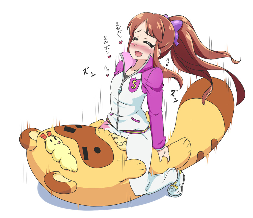 ^_^ ^o^ aikatsu! aikatsu!_(series) arm_support blush brown_hair closed_eyes commentary ebipon grinding hair_ribbon jacket kani_club long_sleeves motion_lines open_mouth pants popped_collar ribbon shibuki_ran shoes simple_background sneakers solo straddling stuffed_animal stuffed_toy sweat track_jacket track_pants track_suit translated white_background