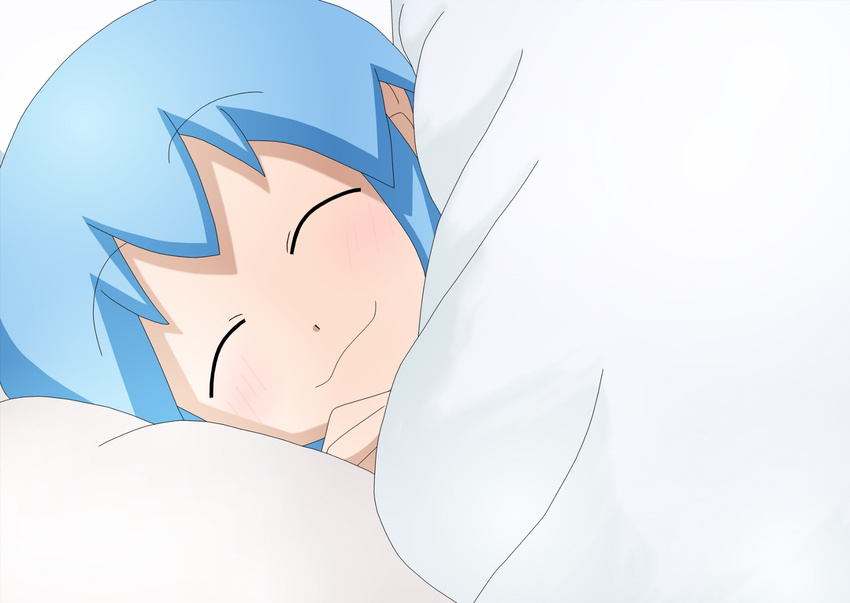 :3 ^_^ bed blanket blue_hair close-up closed_eyes gandoru happy ikamusume pillow shinryaku!_ikamusume sleeping smile solo under_covers