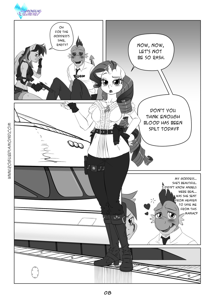 &lt;3 anthro anthrofied black_and_white boat boots clothing comic dragon equine exotic_pupils eyeshadow fangs female fingerless_gloves friendship_is_magic gloves greyscale group gun hair handgun heart-shaped_pupils heels holster horn knee_high knee_highs makeup male mammal monochrome multi-colored_hair my_little_pony necklace necktie pegasus pia-sama rainbow_dash_(mlp) ranged_weapon rarity_(mlp) sharp_teeth spike_(mlp) tattoo teeth unicorn weapon wings
