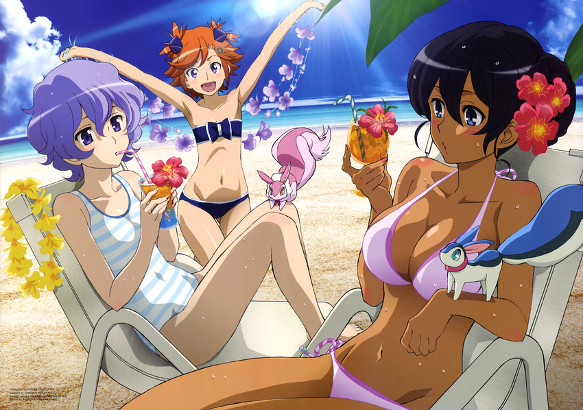 :d absurdres alternate_hairstyle bandeau beach bikini black_hair blue_eyes breasts captain_earth casual_one-piece_swimsuit chair cleavage cloud cup dark_skin day drink drinking drinking_glass drinking_straw flower hair_flower hair_ornament hair_up hasegawa_hitomi highres lappa large_breasts lavender_eyes lavender_hair light_rays lounge_chair midriff multiple_girls mutou_hana navel o3o official_art one-piece_swimsuit open_mouth orange_hair outdoors pitz purple_eyes setsuna_(captain_earth) side-tie_bikini sky small_breasts smile striped striped_swimsuit sunbeam sunlight swimsuit tropical_drink wet yomatsuri_akari