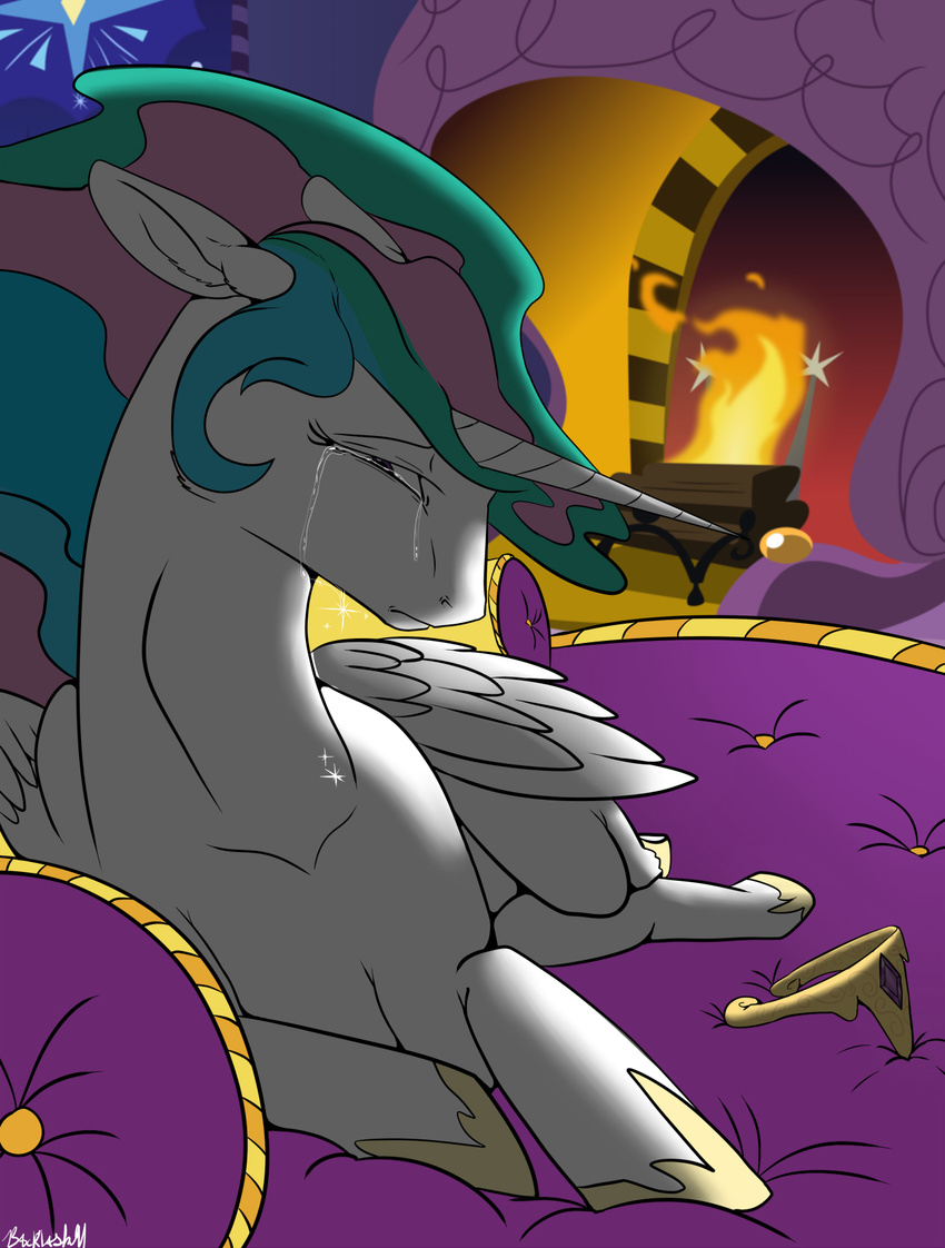 bedroom crown crying equine female fire fireplace friendship_is_magic fur hair hi_res horn long_hair mammal multi-colored_hair my_little_pony princess_celestia_(mlp) royalty solo tears white_fur winged_unicorn wings