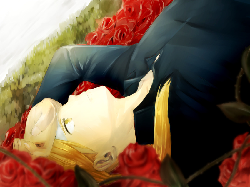 alternate_costume bandages blonde_hair blouse dutch_angle edward_elric flower fullmetal_alchemist grass hand_on_own_head long_hair looking_away lying male_focus rose solo yellow_eyes