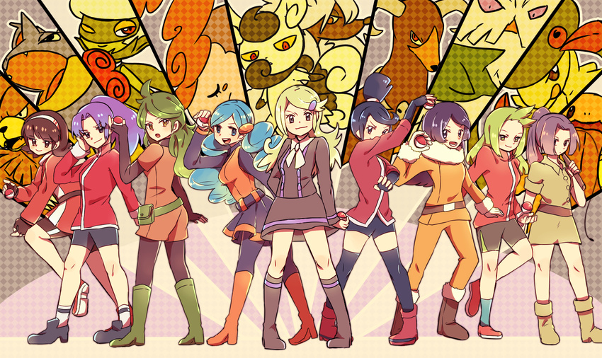 abomasnow ace_trainer_(pokemon) bike_shorts black_hair blonde_hair blue_hair boots breloom brown_hair everyone fanny_pack fingerless_gloves fur_trim furfrou gen_1_pokemon gen_2_pokemon gen_3_pokemon gen_4_pokemon gen_5_pokemon gen_6_pokemon gloves green_hair hair_ornament hairband hairclip highres holding holding_poke_ball houndoom lickitung long_hair looking_at_viewer meowstic miniskirt mizuto_(o96ap) multiple_girls musharna nidoking pantyhose poke_ball pokemon pokemon_(creature) pokemon_(game) pokemon_bw pokemon_dppt pokemon_gsc pokemon_hgss pokemon_rgby pokemon_rse pokemon_xy pose roserade skirt thigh_boots thighhighs ursaring whip