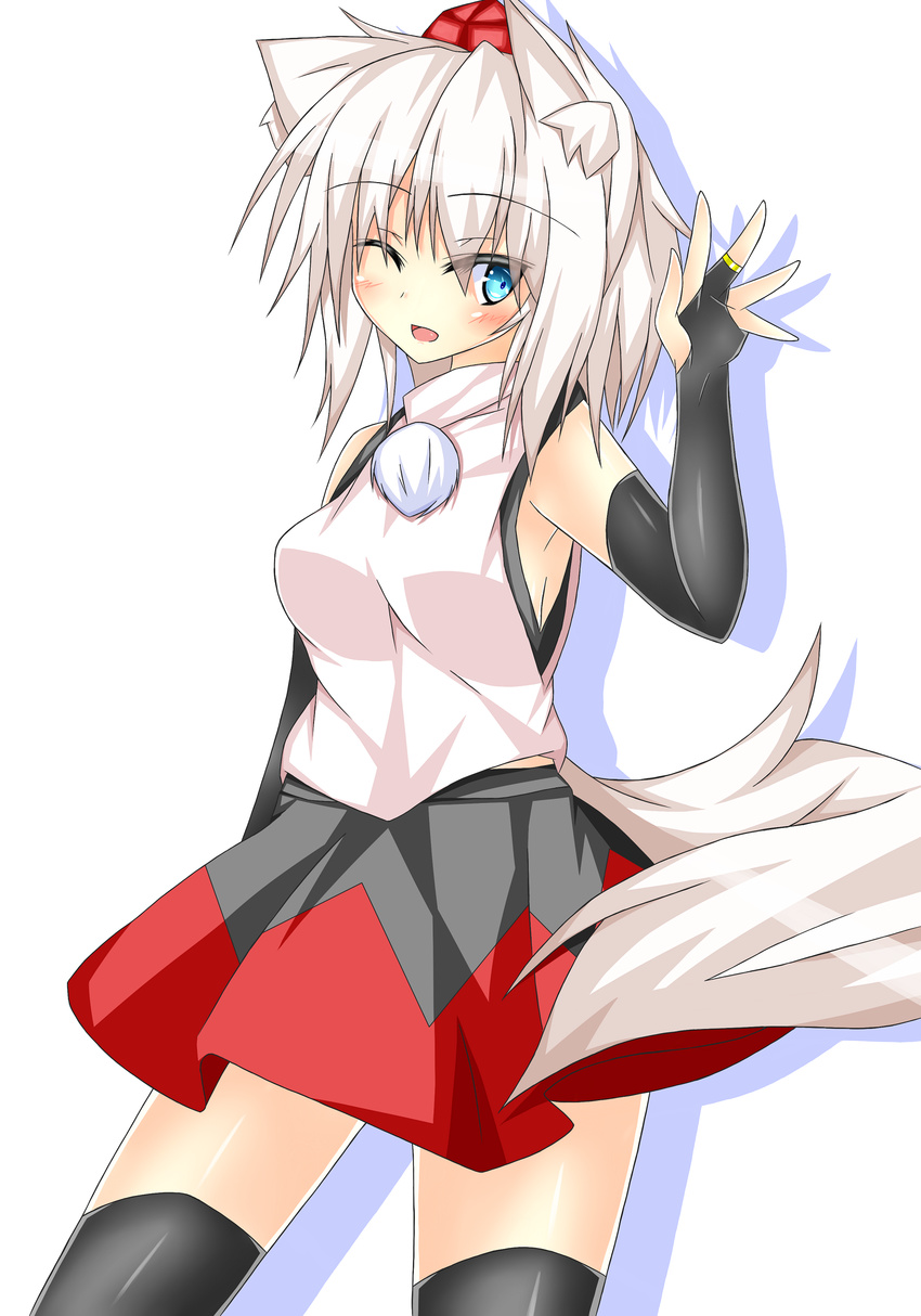 absurdres animal_ears bare_shoulders black_legwear blue_eyes blush breasts bridal_gauntlets fingerless_gloves gloves hat highres inubashiri_momiji looking_at_viewer medium_breasts one_eye_closed open_mouth pom_pom_(clothes) reddo9 short_hair silver_hair simple_background solo tail thighhighs tokin_hat touhou white_background wolf_ears wolf_tail