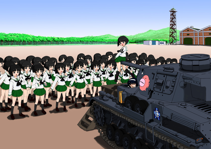 anglerfish armband black_hair blush caterpillar_tracks clone cloud commentary crowd day embarrassed emblem girls_und_panzer gotou_moyoko green_skirt ground_vehicle hairband konparu_nozomi laughing looking_back military military_vehicle miniskirt motor_vehicle multiple_girls neckerchief ooarai_(emblem) ooarai_school_uniform open_mouth outdoors panzerkampfwagen_iv pleated_skirt reizei_mako school_uniform serafuku short_hair skirt sky sono_midoriko standing straddling tank yamucya01