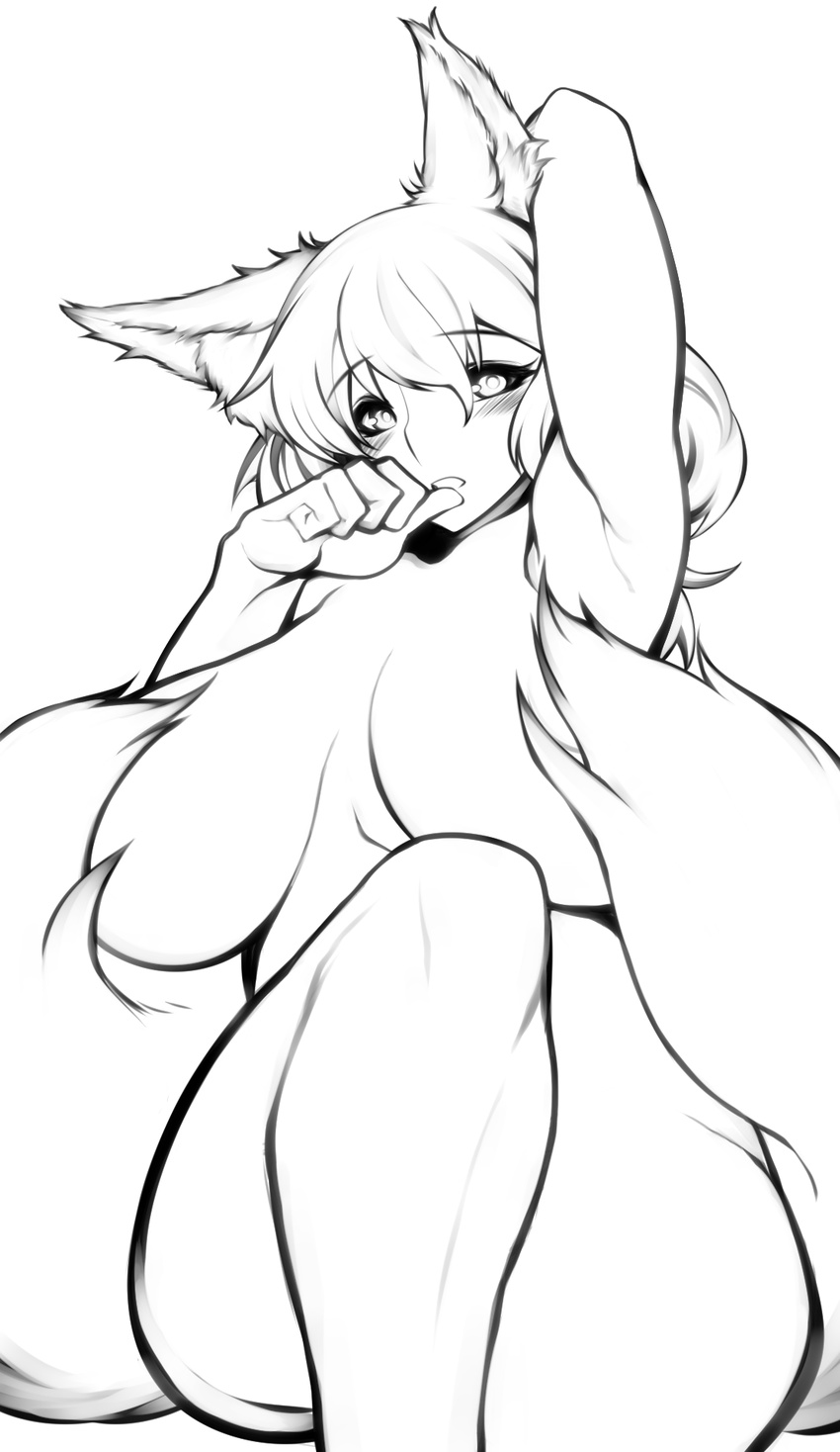 1girl animal_ears armpits breasts curvy female fox_ears fox_tail hand_behind_head highres huge_breasts kaminari long_hair monochrome multiple_tails nude simple_background sitting solo tail touhou white_background yakumo_ran