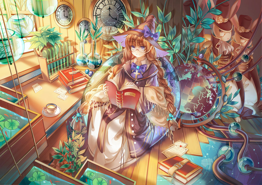 blue_eyes book braids brown_hair bunny glasses hat instocklee original paper water witch_hat