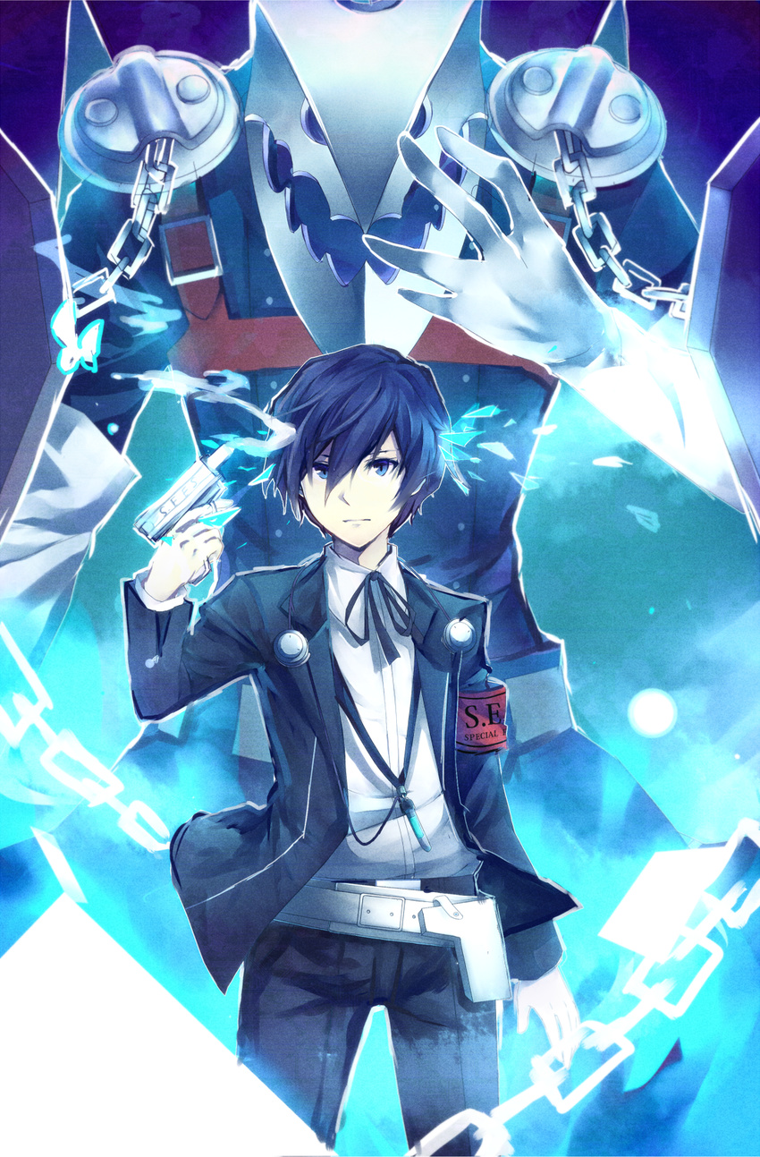 armband bad_id bad_pixiv_id blue_eyes blue_hair chain digital_media_player evoker gun gun_to_head headphones highres holding holding_gun holding_weapon male_focus persona persona_3 school_uniform shinoyu_(rhombus) solo thanatos weapon yuuki_makoto