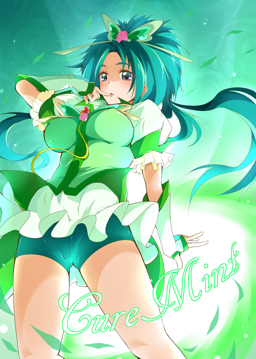 akimoto_komachi arm_warmers ashita_wa_hitsuji bike_shorts character_name cure_mint detached_sleeves english eyelashes fingerless_gloves gloves gradient gradient_background green green_background green_eyes green_hair green_shorts hair_ornament highres long_hair looking_at_viewer magical_girl precure puffy_sleeves shirt shorts shorts_under_skirt skirt solo vest yes!_precure_5 yes!_precure_5_gogo!