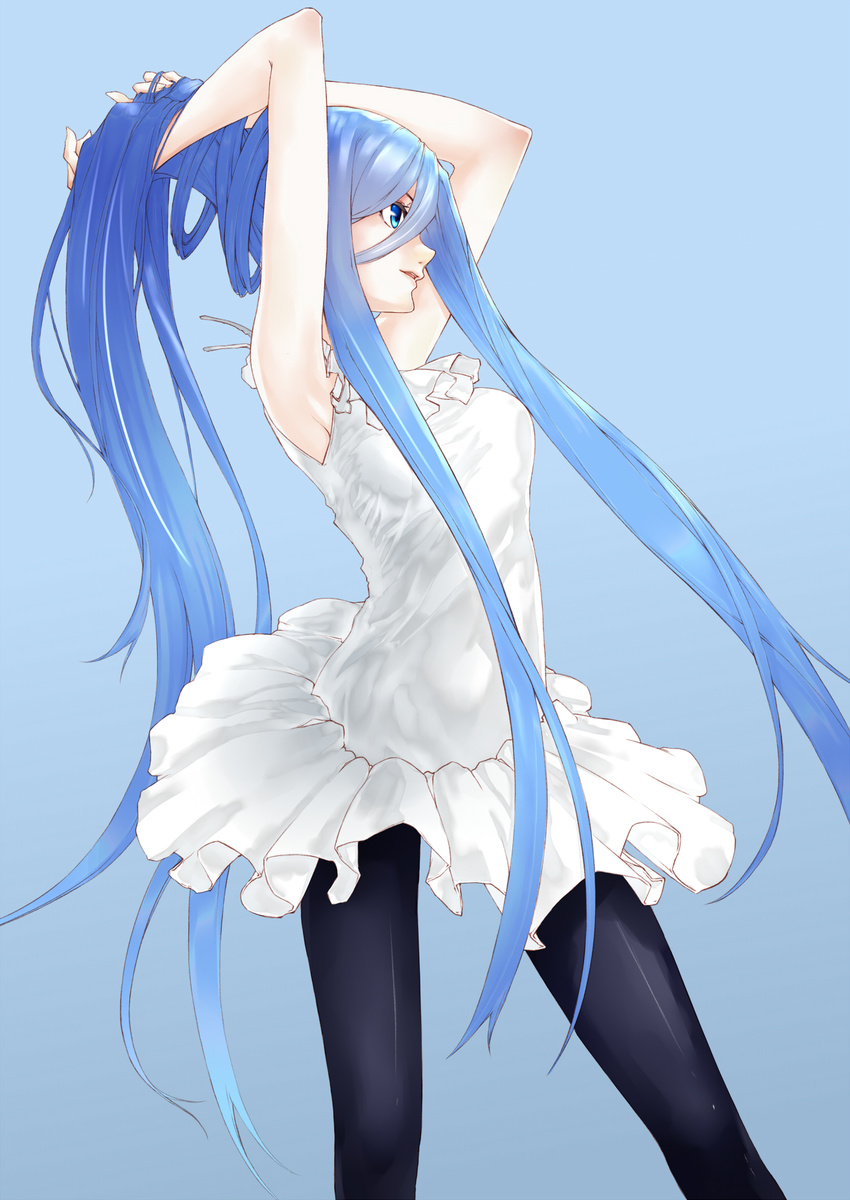 aoki_hagane_no_arpeggio arms_up black_legwear blue_background blue_eyes blue_hair bunching_hair dress hands_in_hair highres long_hair pantyhose ponytail profile sidelocks solo soruna_(nell) takao_(aoki_hagane_no_arpeggio) very_long_hair white_dress