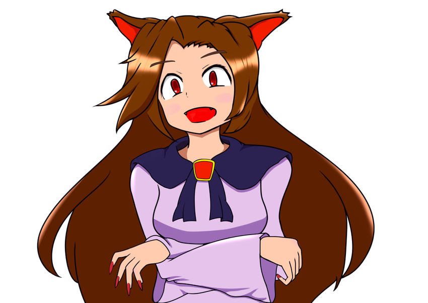 animal_ears blush breasts brown_hair dress fang fingernails imaizumi_kagerou jewelry long_hair looking_at_viewer open_mouth red_eyes simple_background solo touhou white_background wolf_ears yami_mohican