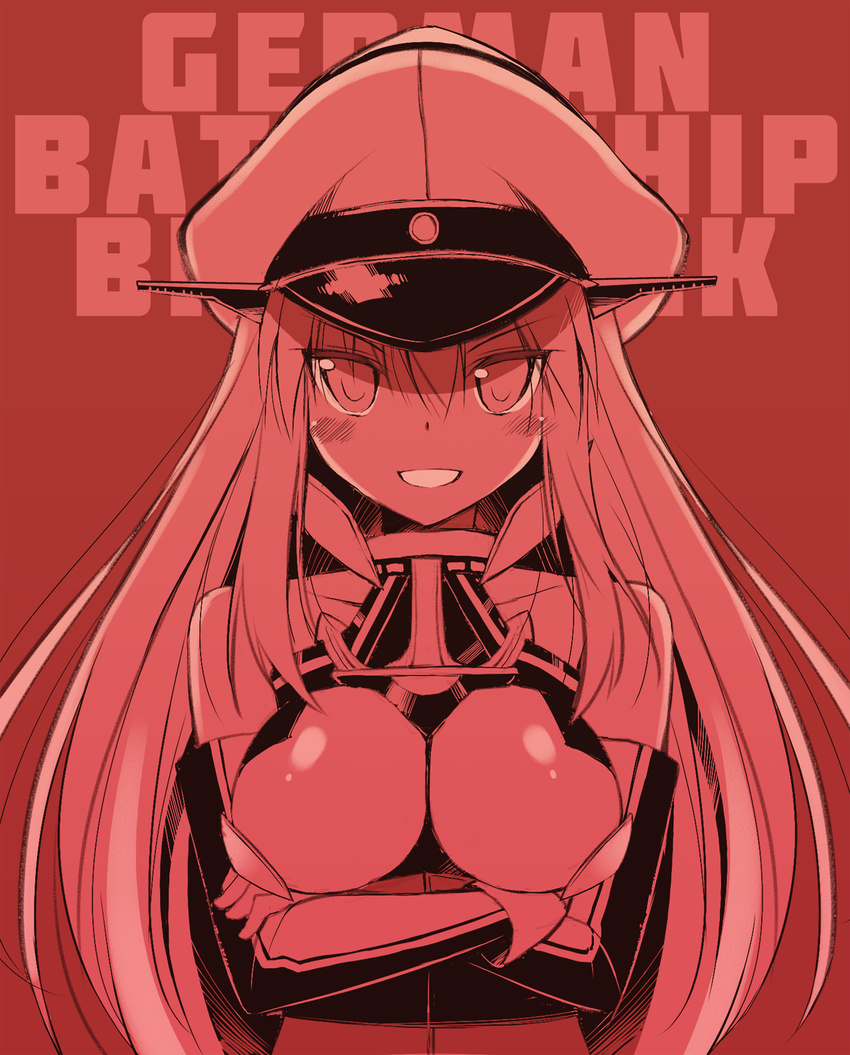 bismarck_(kantai_collection) breasts crossed_arms detached_sleeves hat highres kantai_collection large_breasts long_hair looking_at_viewer military military_hat military_uniform monochrome oota_yuuichi peaked_cap red_background shaded_face simple_background smile solo uniform