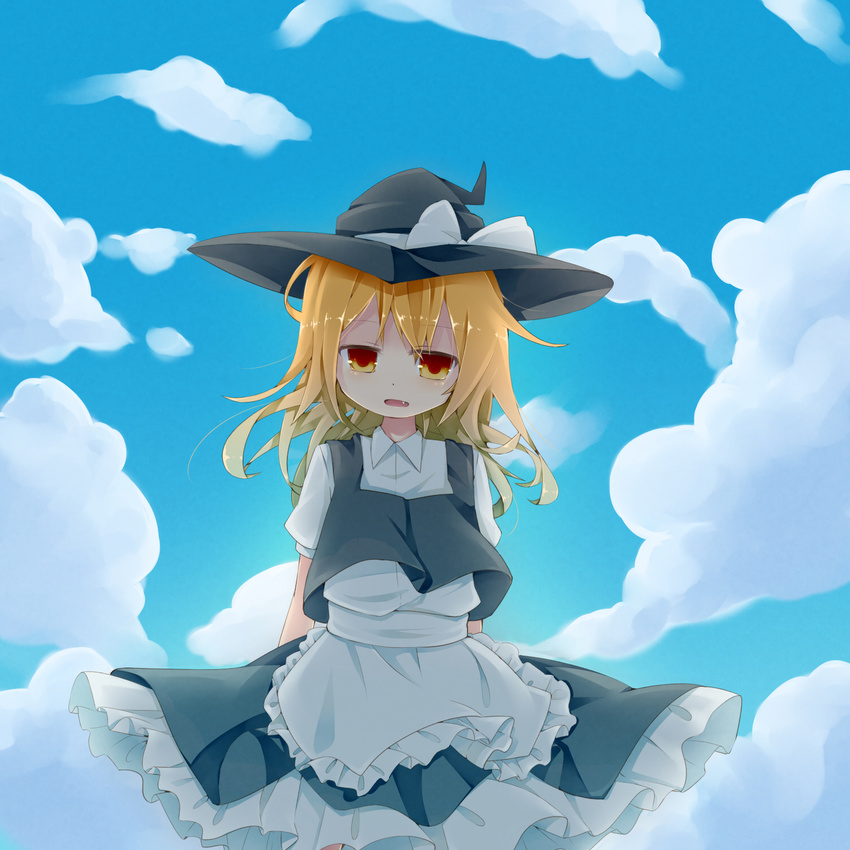 apron arms_behind_back blonde_hair blue_sky cloud cowboy_shot day fang frilled_apron frilled_skirt frills hat hat_ribbon head_tilt highres kirisame_marisa long_hair looking_at_viewer mare_(shiori_3021) open_mouth ribbon short_sleeves skirt skirt_set sky touhou waist_apron wind witch_hat yellow_eyes