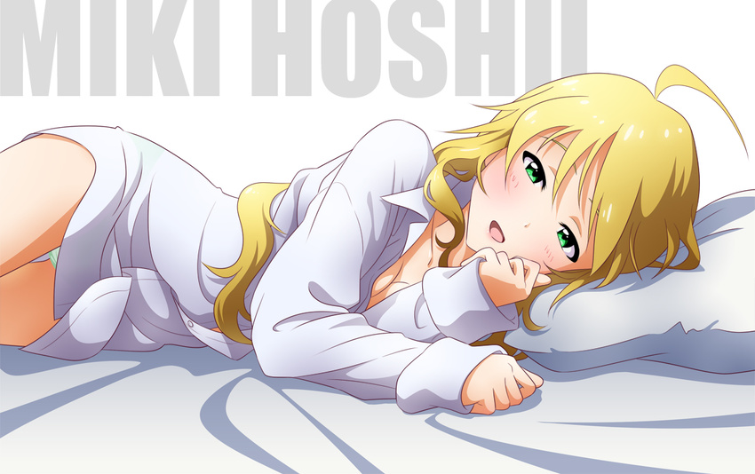 afterglow ahoge blonde_hair breasts cleavage dress_shirt green_eyes hoshii_miki idolmaster idolmaster_(classic) long_hair looking_at_viewer lying medium_breasts no_pants open_mouth panties pillow shirt sleeves_past_wrists solo sunsun69 underwear