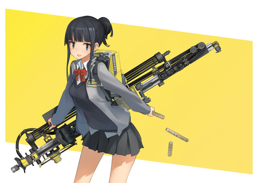:d astg black_hair black_skirt blue_eyes bow bowtie collared_shirt cowboy_shot highres long_sleeves machine mecha_musume mole mole_under_eye open_mouth original outstretched_arm personification pleated_skirt ponytail red_bow red_neckwear school_uniform shirt simple_background skirt smile solo sweater_vest white_shirt yellow yellow_background