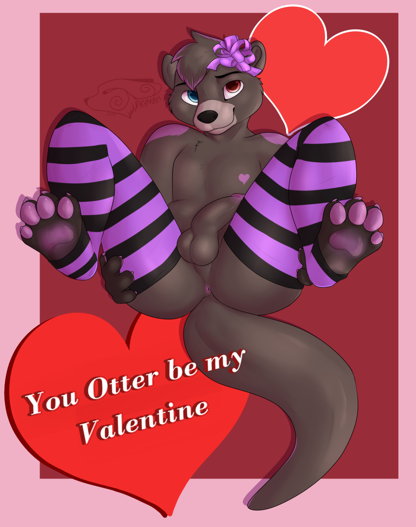 &lt;3 balls bow butt clothing dust_the_otter holidays humanoid_penis kymah leggings legwear looking_at_viewer male mammal mustelid nude otter paws penis smile solo valentine's_day